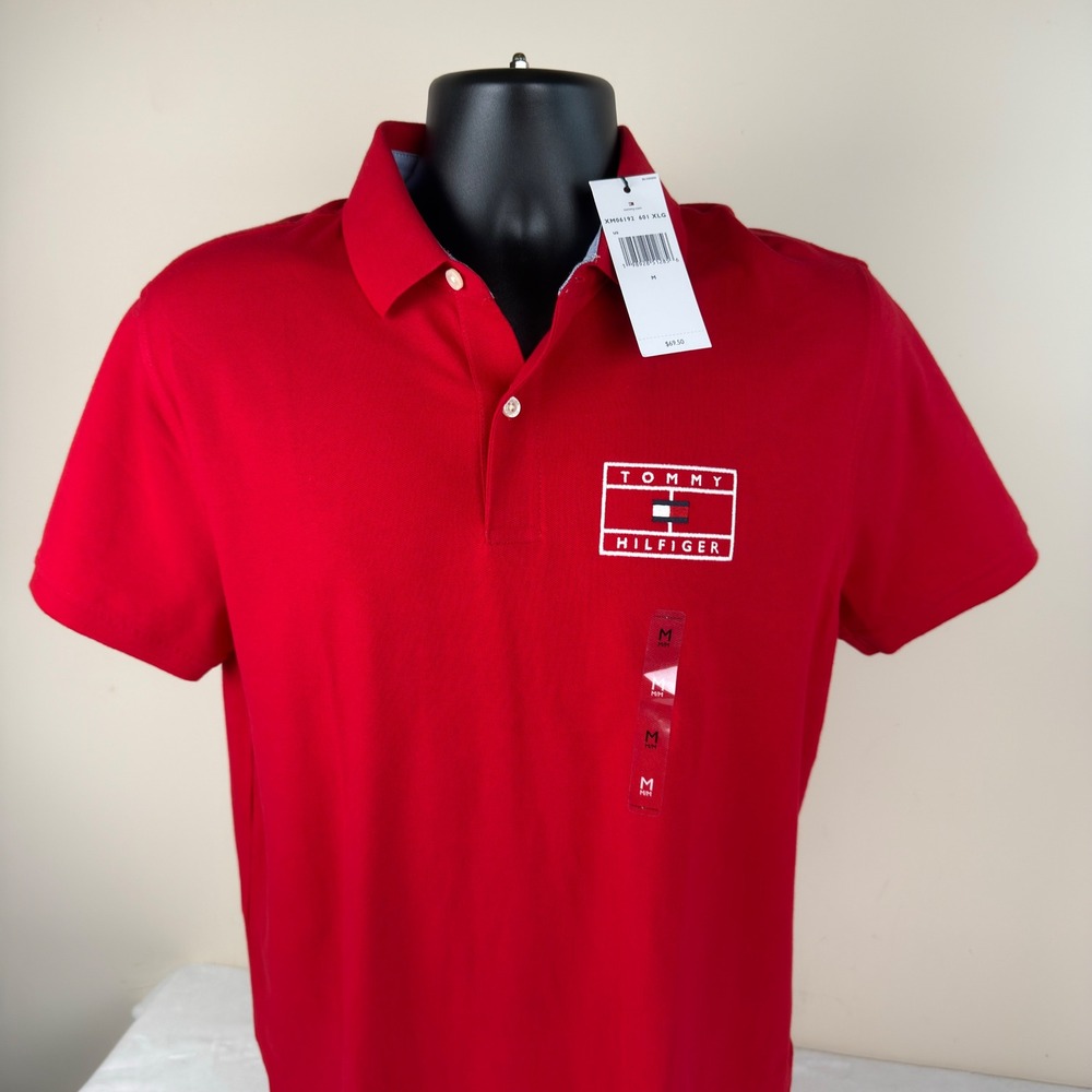 Tommy Hilfiger Mens Red Short Sleeve Polo Shirt XM06192 Flag Logo Medium NEW